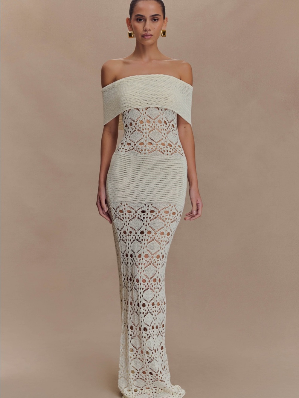 Meshki Strapless Crochet Maxi Dress in Cream